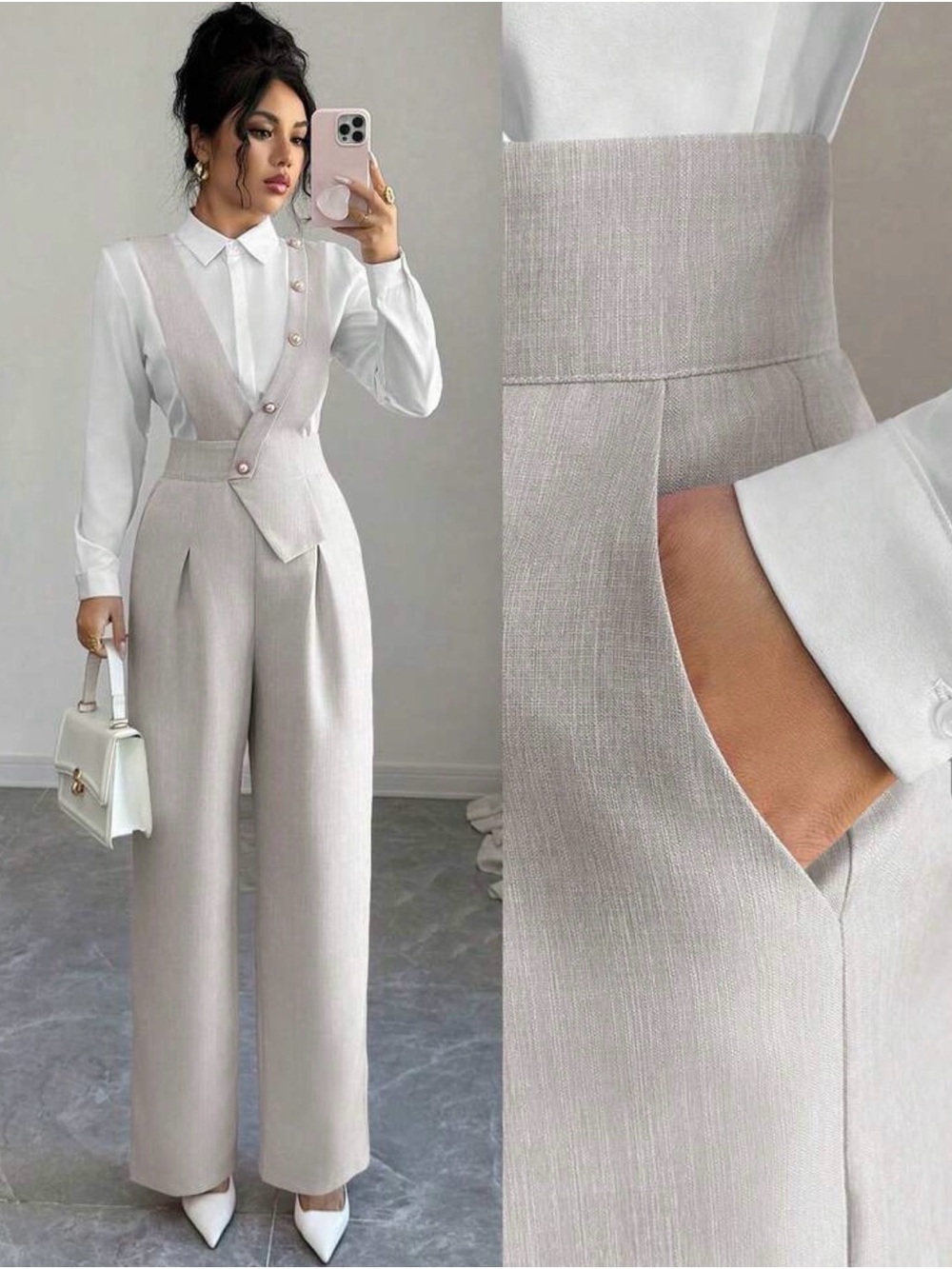 Tailored High-Waist Wide-Leg Jumpsuit in Light Beige